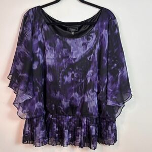 Dressbarn Womens Purple Black Sheer Lined Dolman Flutter Sleeve Peplum top sz 22